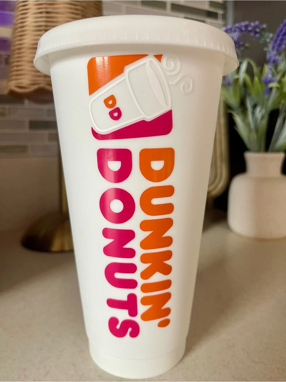 White Plastic Travel Cup - Pink & Orange Dunkin
